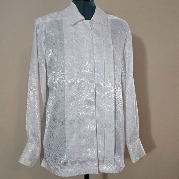 tjw Tops - Vintage 80s White Satin Jacquard Blouse Pleated Front Whimsigoth Poet Ren Faire